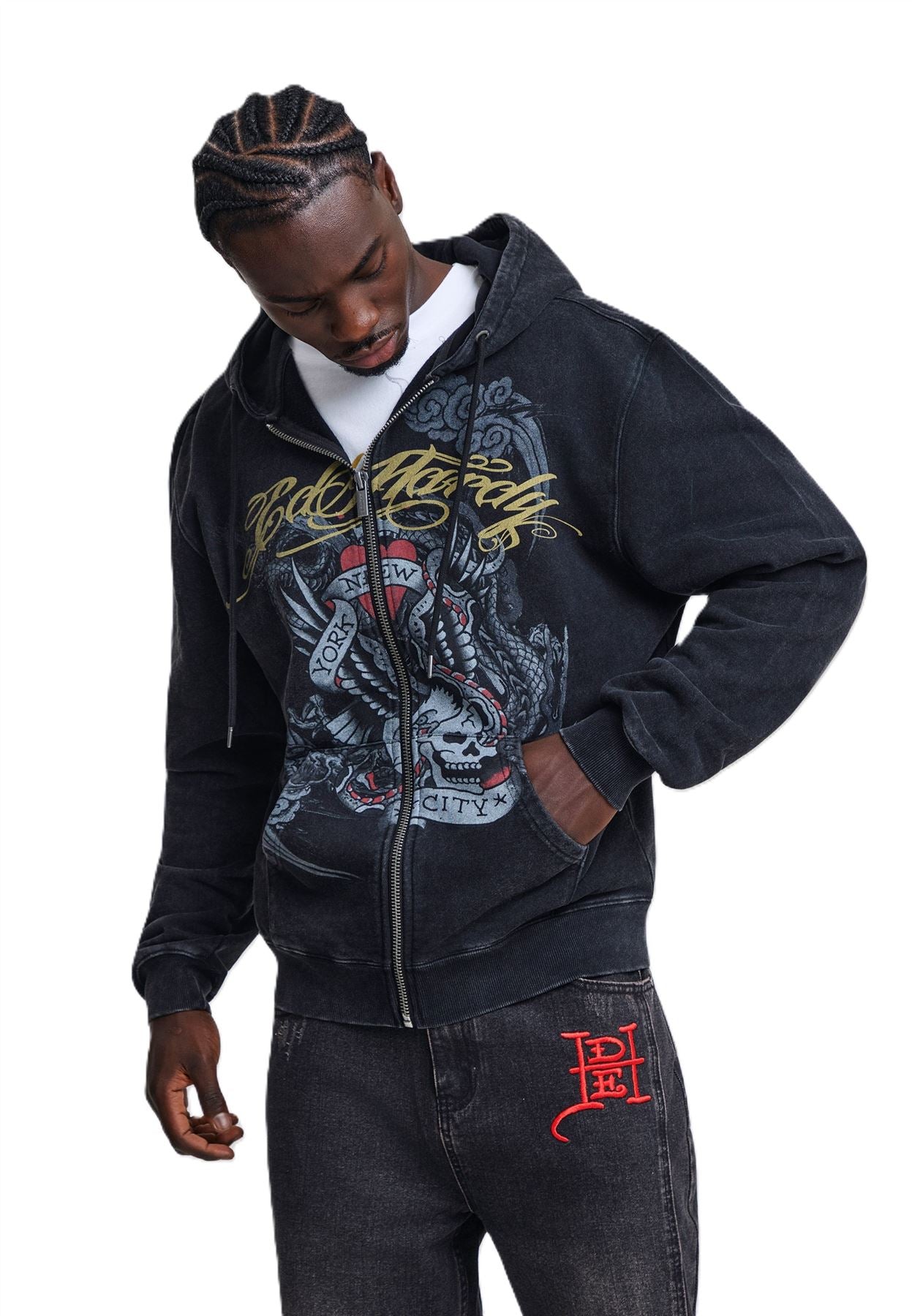 Ed Hardy New York Washed Relaxed Zip Thru Sweats à Capuche Noirs Pour Hommes