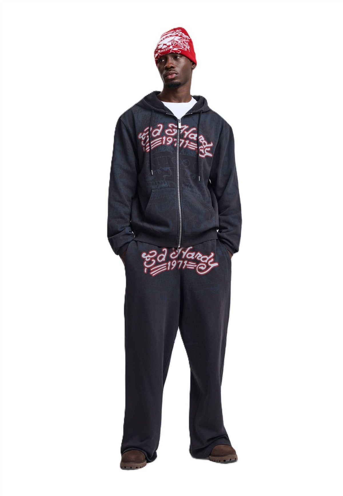 Ed Hardy Shadow Eagle Graphic Relaxed Zip Thru Sweats à Capuche Noirs Pour Hommes