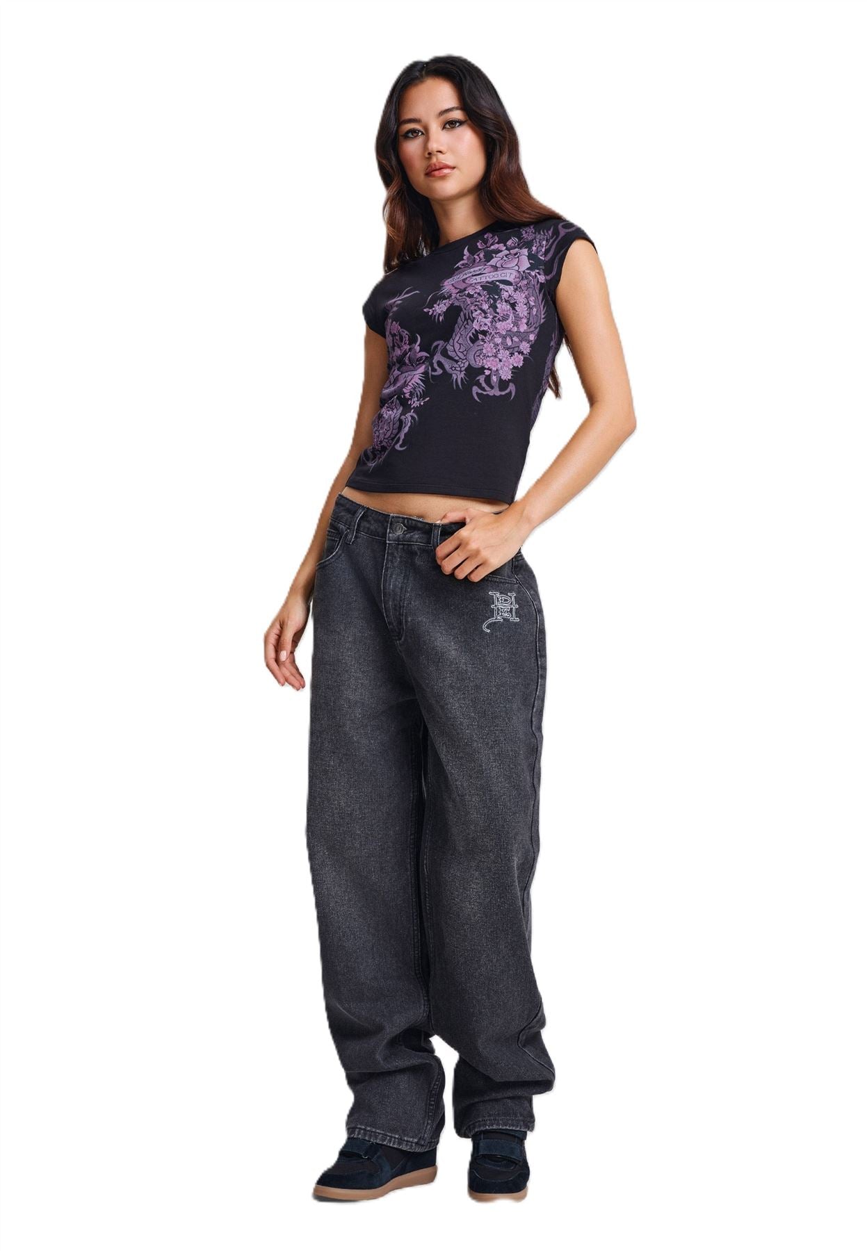 Ed Hardy Tattoo City Cap Sleeve Top T-Shirts Noirs Pour Femmes