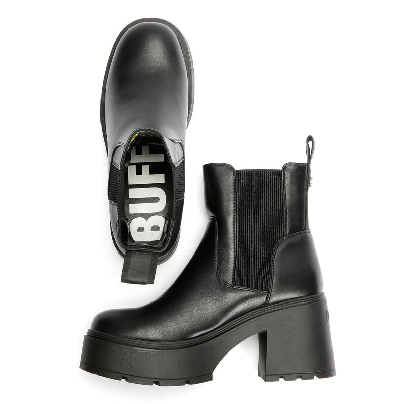 Bottines Chelsea Buffalo Mila – Cuir Vegan Noir, Talon Compensé, Semelle Confort Mémoire