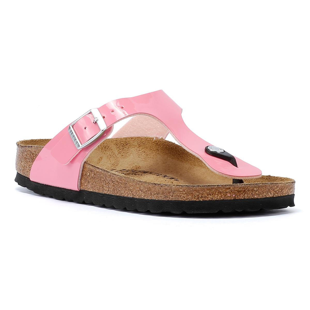 Birkenstock Gizeh Sandales Roses Bonbon/Noires En Cuir Verni Pour Femmes