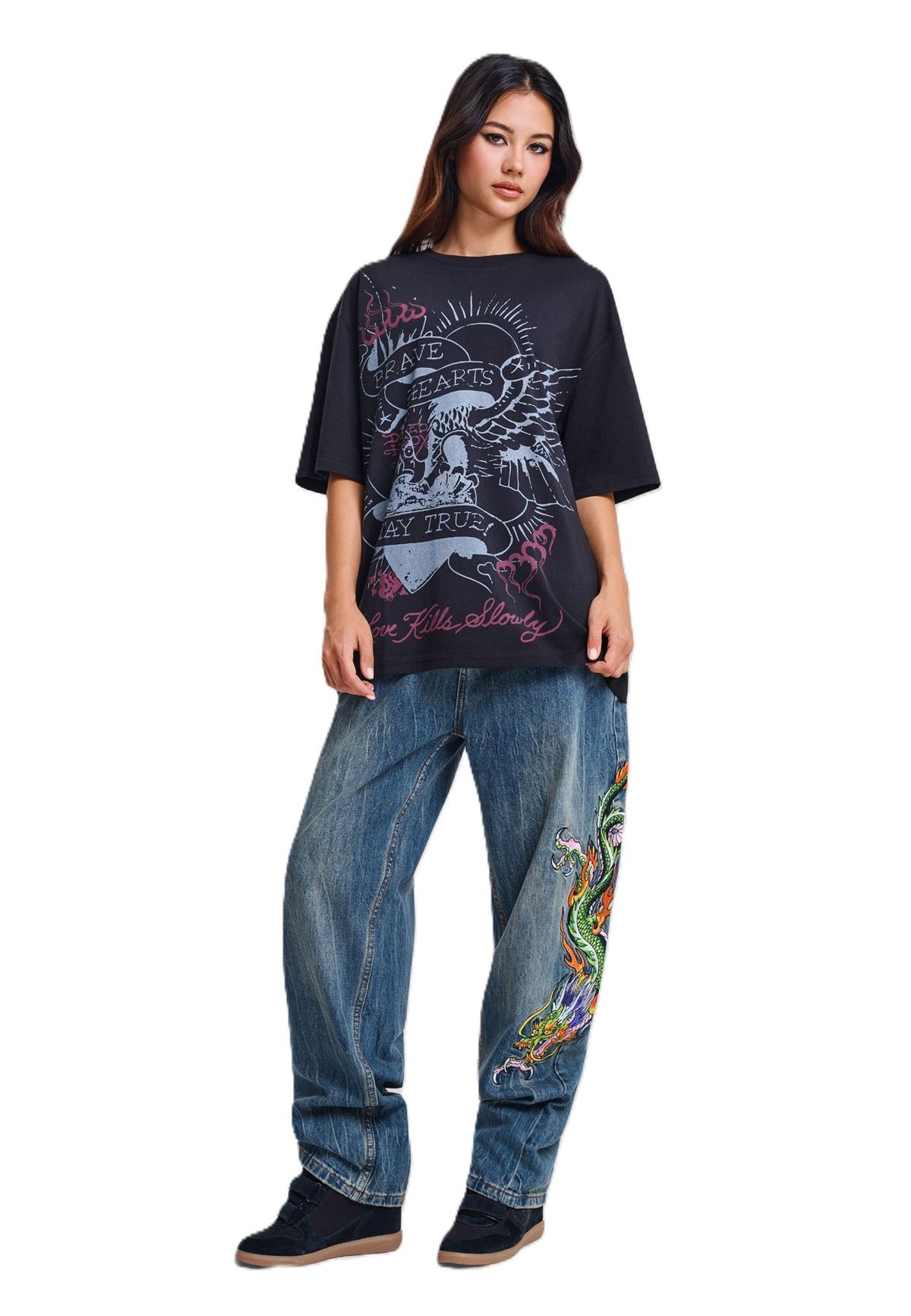 Ed Hardy Brave Hearts True Washed Relaxed T-Shirts Noirs Pour Femmes