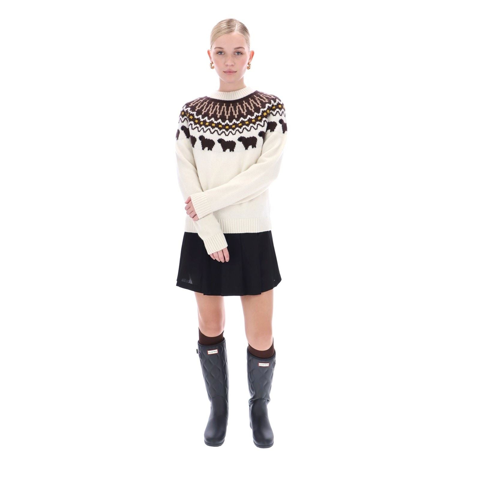 Hunter Ashie Crew Fair Isle Knit Pulls À Col Rond Blancs En Polyester Pour Femmes