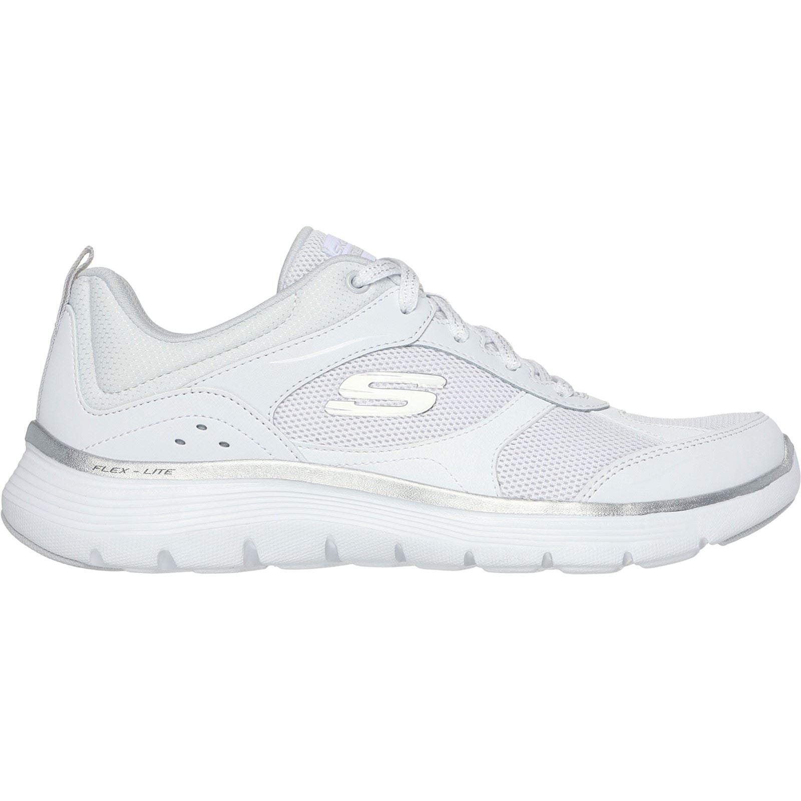 Skechers Flex Appeal 5.0 Fresh Touch Baskets En Cuir Blanc/Argent Pour Femmes