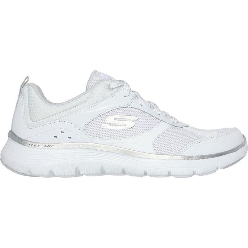 Skechers Flex Appeal 5.0 Fresh Touch Baskets En Cuir Blanc/Argent Pour Femmes