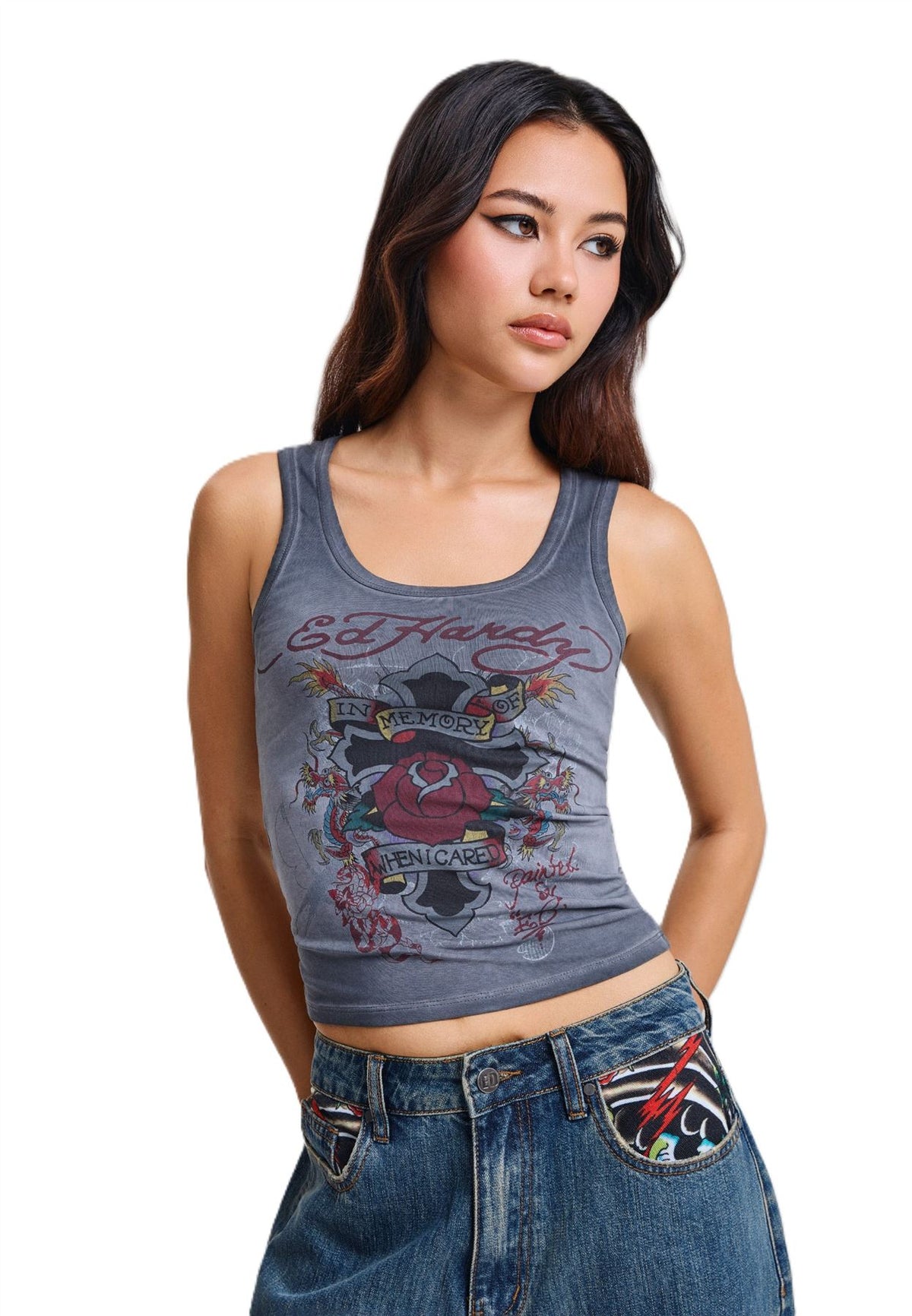 Ed Hardy In Memory of When I Cared Fitted T-Shirts Noirs Pour Femmes