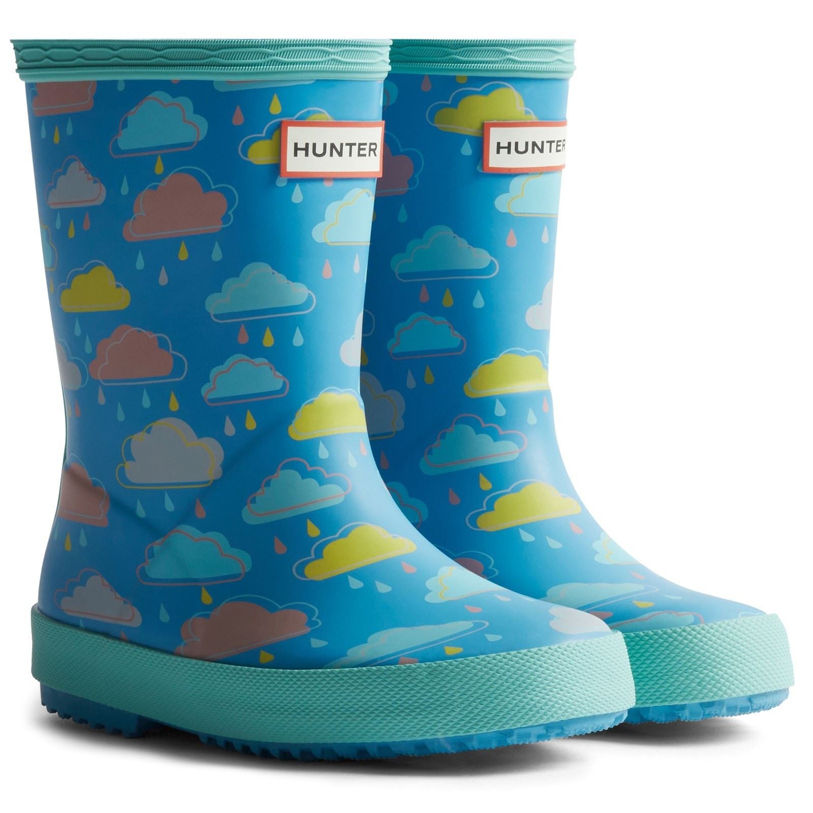 Hunter Kids Rain Cloud Boot Bottes De Pluie En Caoutchouc Bleu Avec Nuages De Pluie