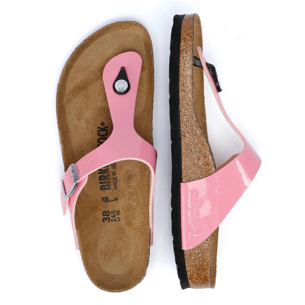 Birkenstock Gizeh Sandales Roses Bonbon/Noires En Cuir Verni Pour Femmes