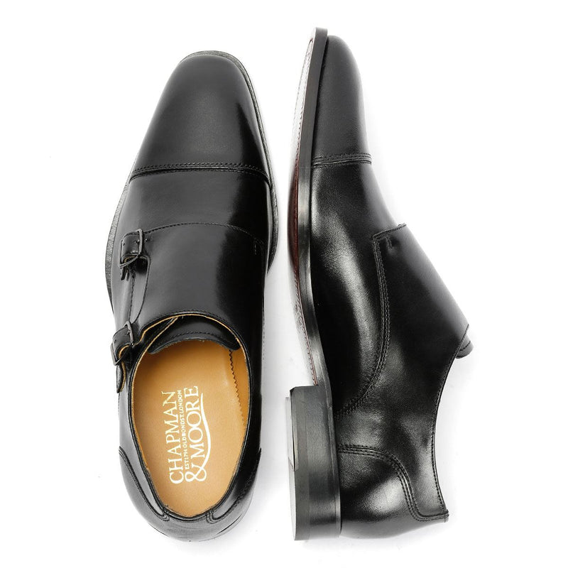 Chapman & Moore Toe Cap Monk Chaussures Noires En Cuir Pour Homme À Lacets