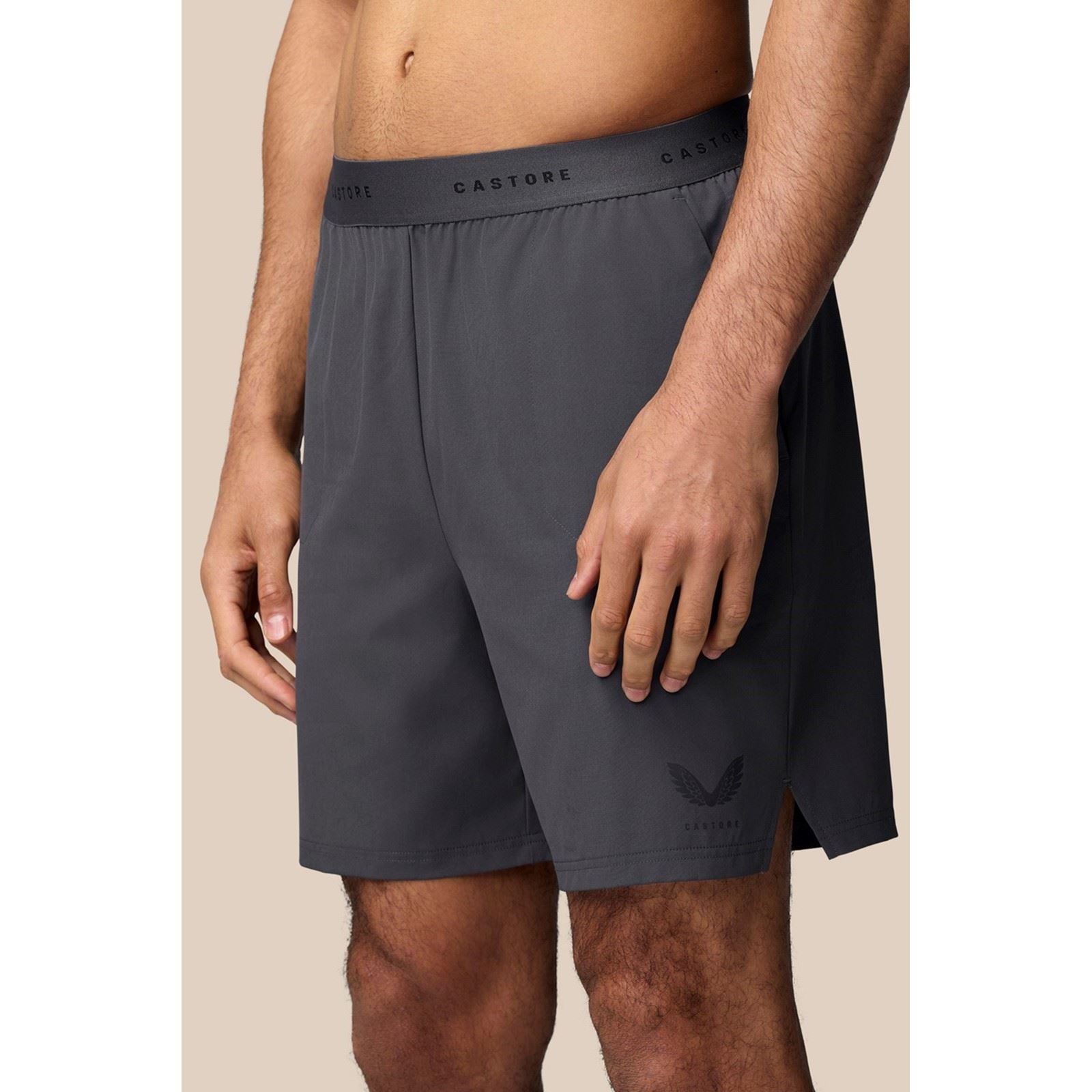 Castore Branded Elastic Shorts En Polyester Pour Hommes Gris Au Genou