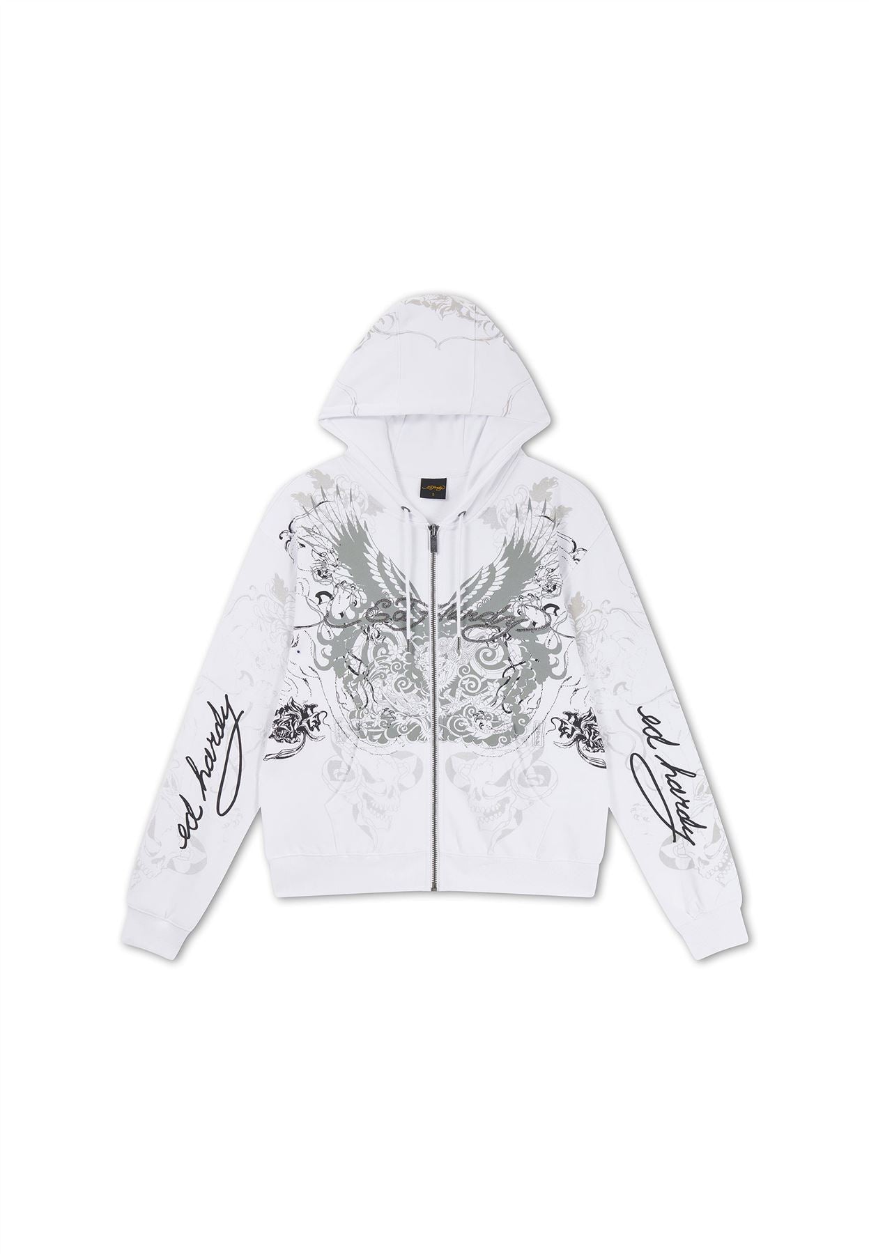 Ed Hardy Diamante Venom Enzyme Wash Relaxed Zip Thru Sweat-Shirts Et Sweat À Capuche Blancs Pour Femmes