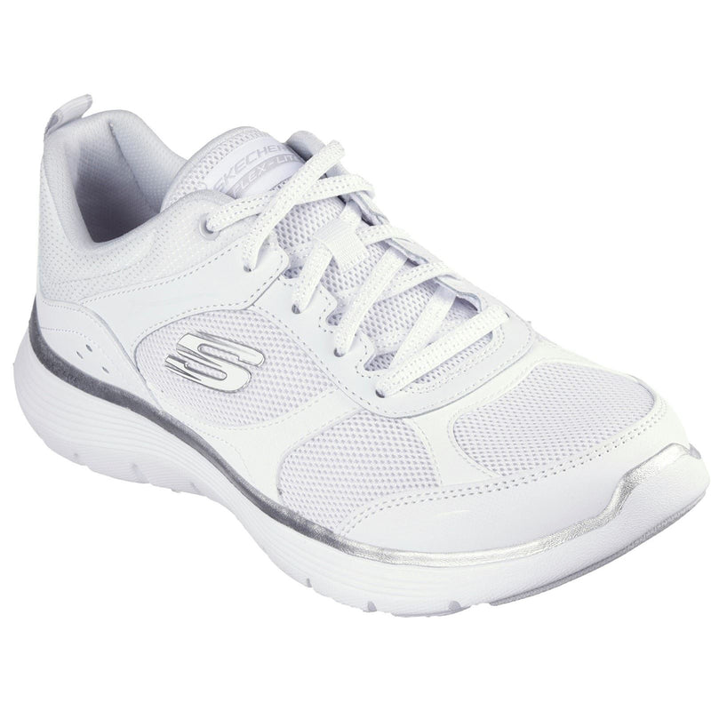 Skechers Flex Appeal 5.0 Fresh Touch Baskets En Cuir Blanc/Argent Pour Femmes