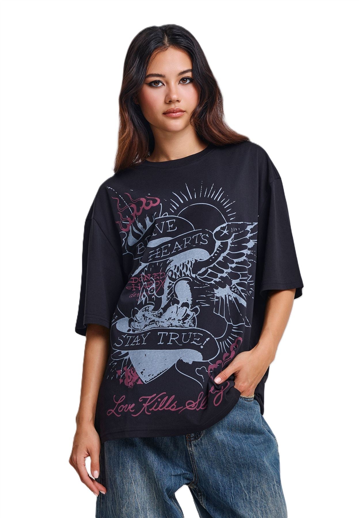 Ed Hardy Brave Hearts True Washed Relaxed T-Shirts Noirs Pour Femmes