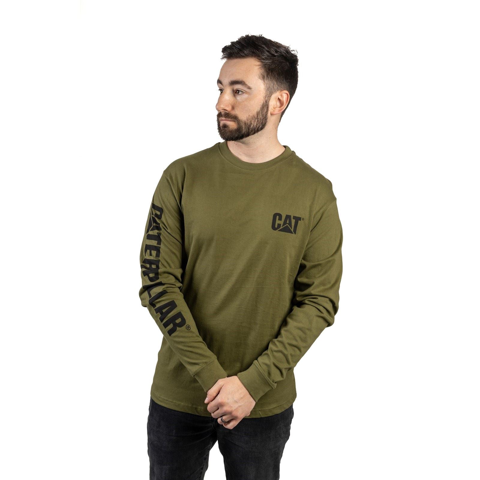 Caterpillar Trademark Banner Long Sleeve T-Shirt Vert En Coton Pour Homme