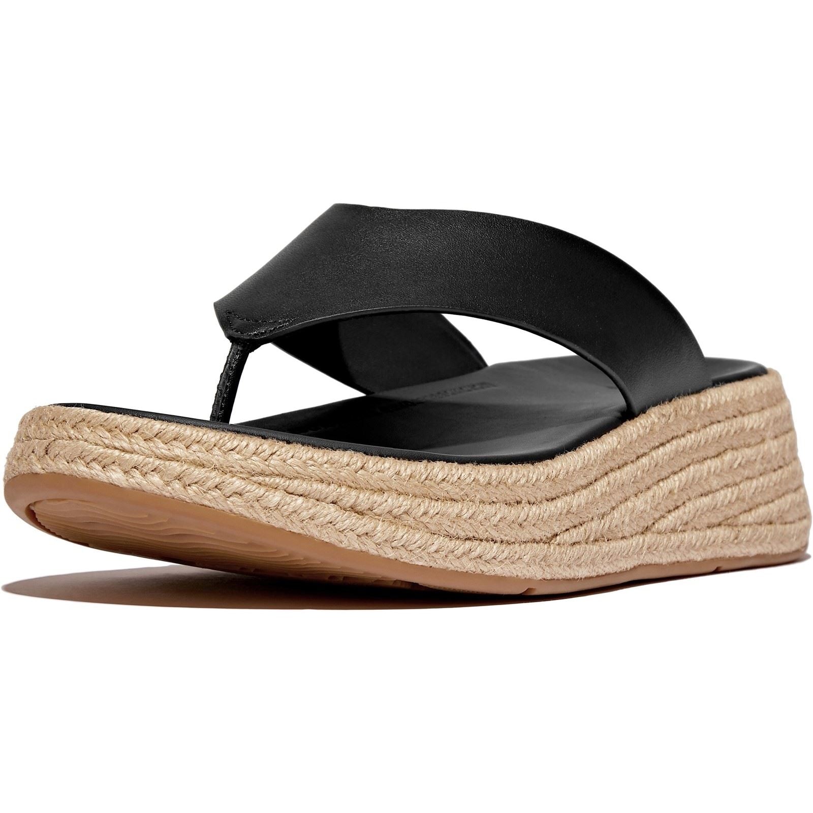 Fitflop F-Mode Toe Post Espadrille Sandales Noires En Cuir Pour Femmes
