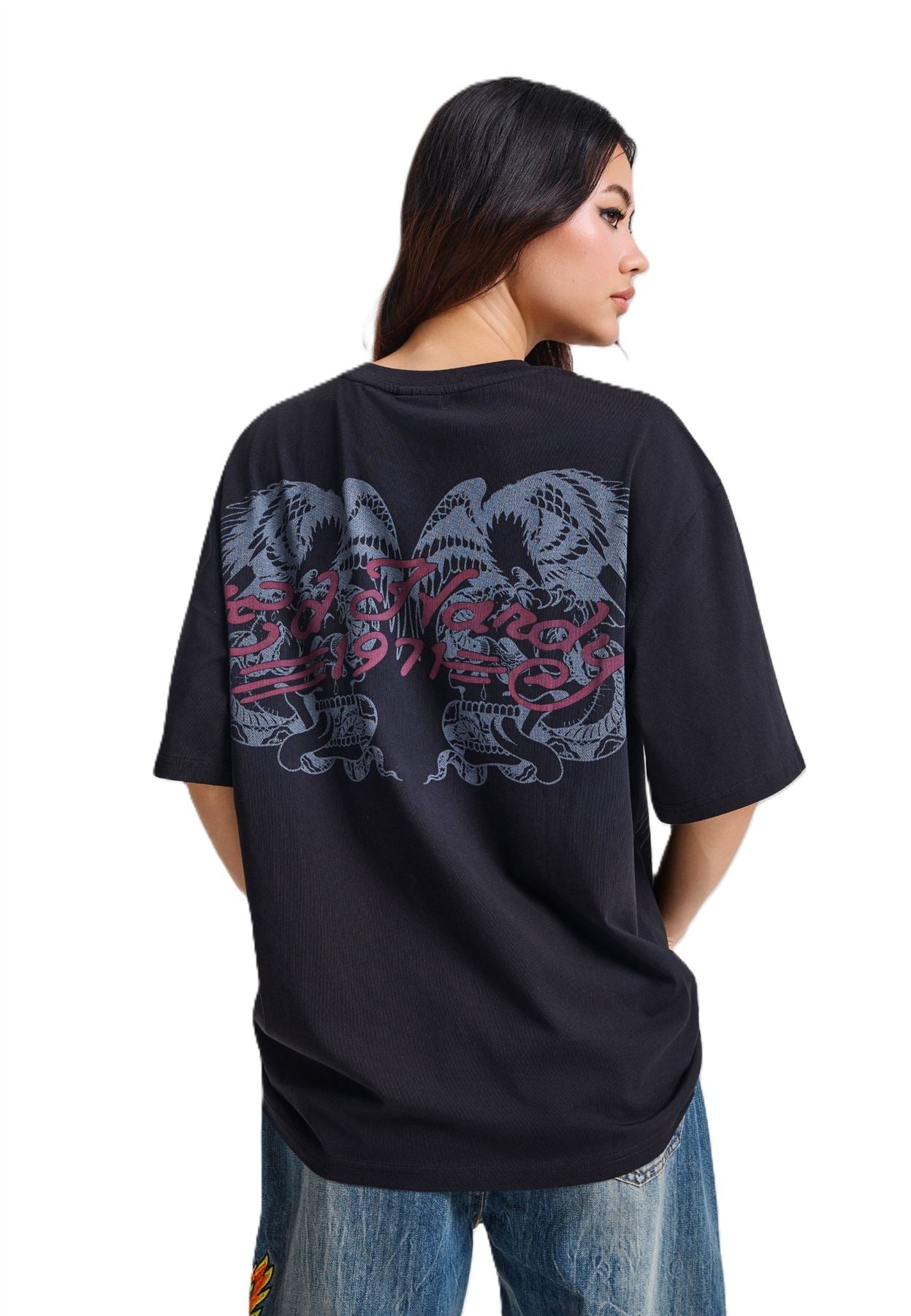 Ed Hardy Brave Hearts True Washed Relaxed T-Shirts Noirs Pour Femmes